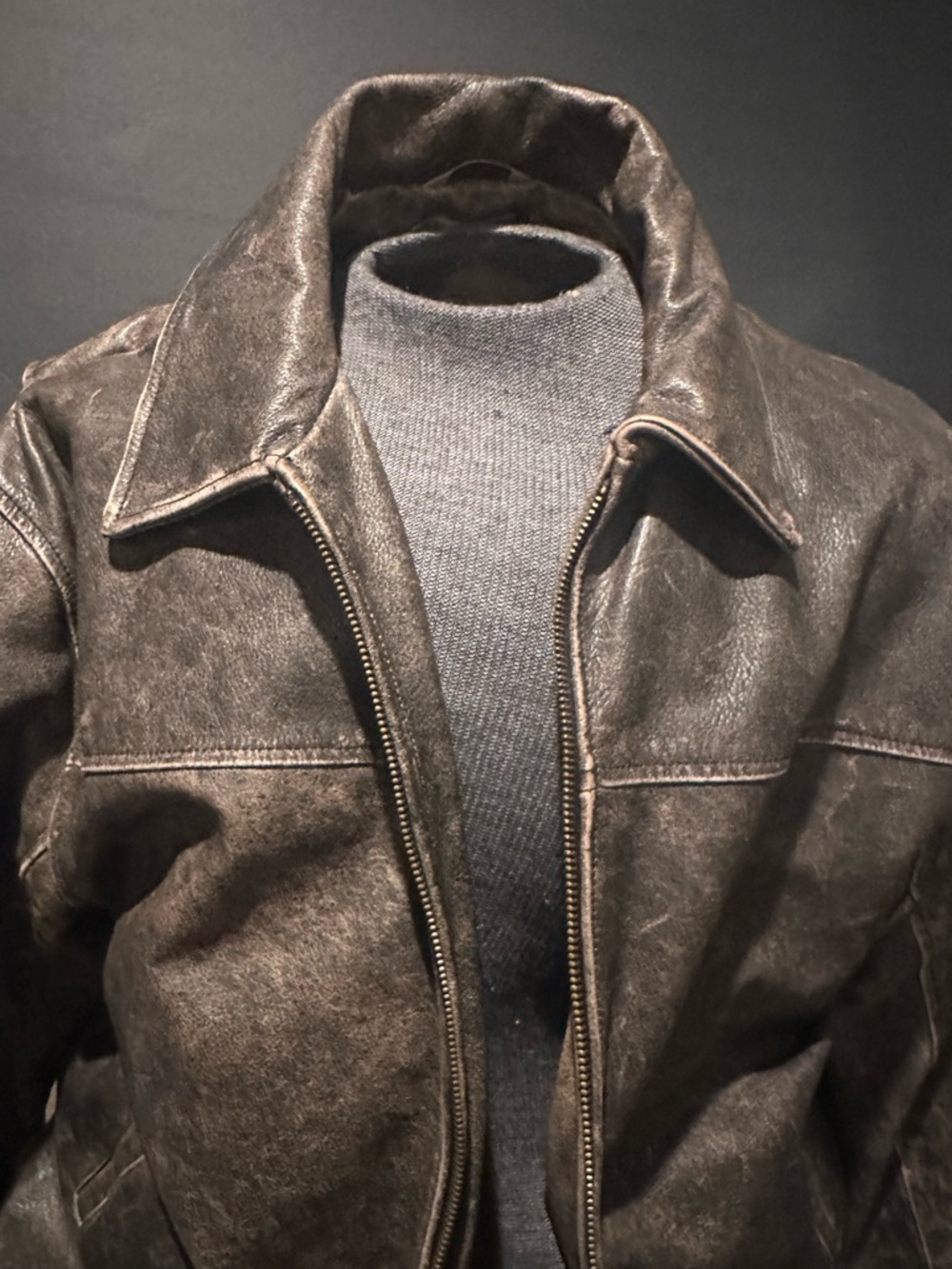 Men's Distressed Brown Leather Bomber Jacket